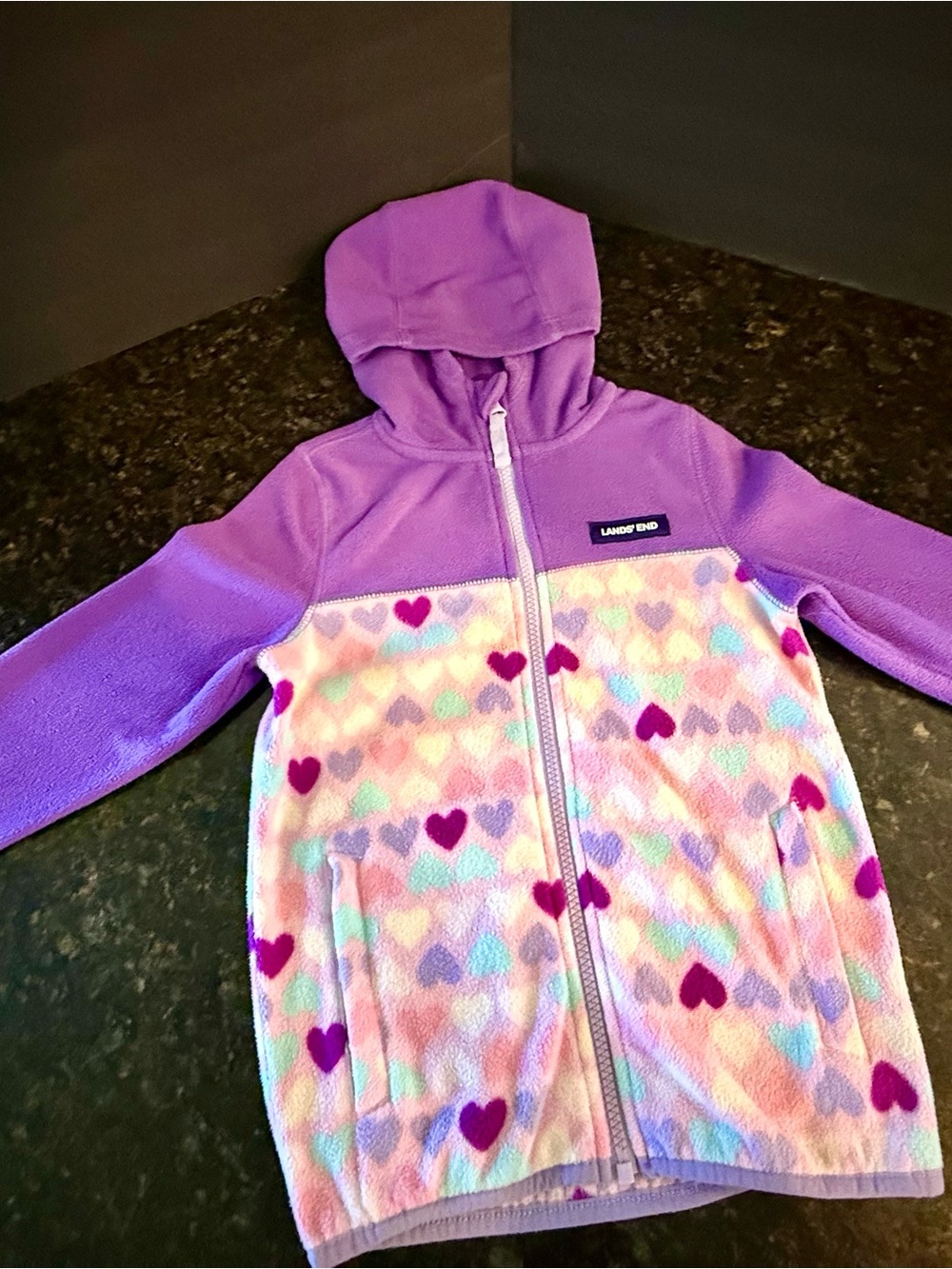 Lands' End Girls Purple Hooded Full Zip Fleece Jacket Heart Print size 6 EXCLLNT